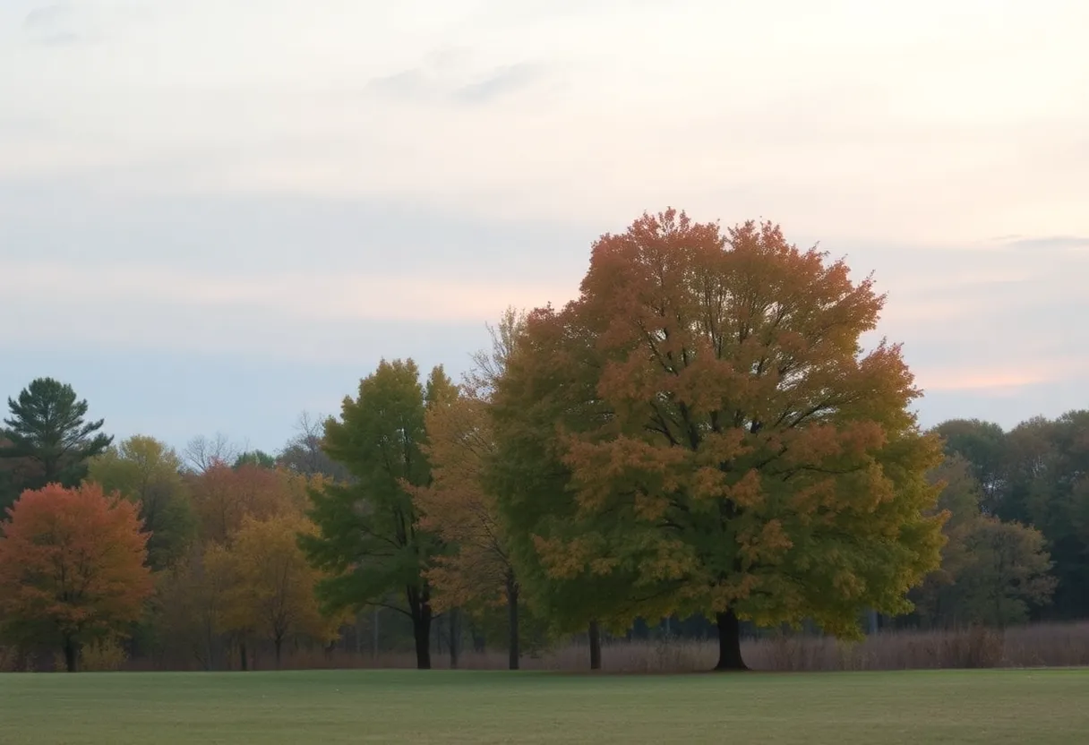 View of an autumn day in Chapin, SC, with colorful leaves and an overcast sky.