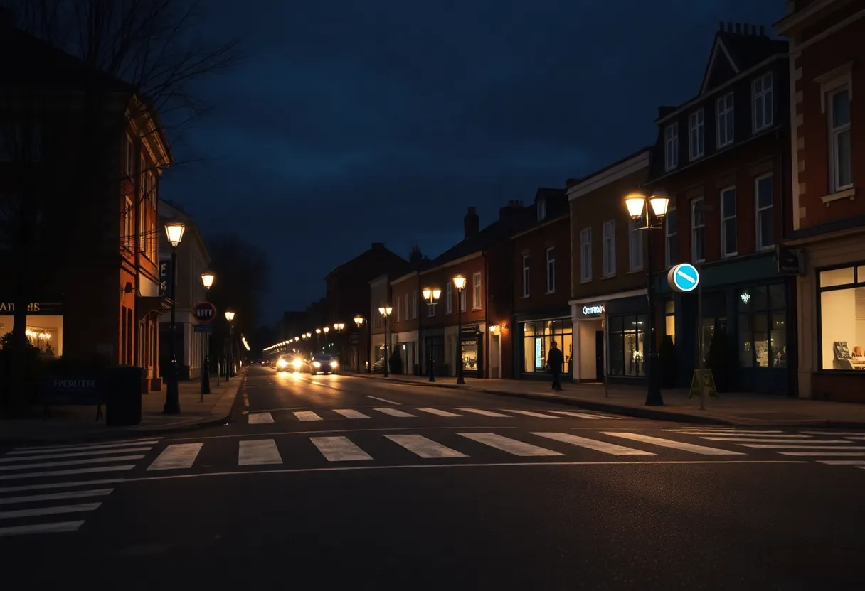 Night view of a pedestrian crosswalk in Chapin with street signs visible.