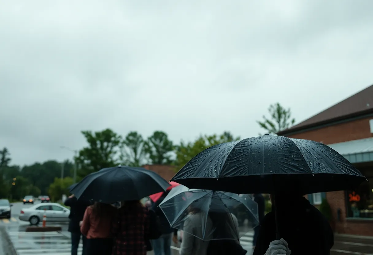 People with umbrellas walking in the rain in Chapin, SC