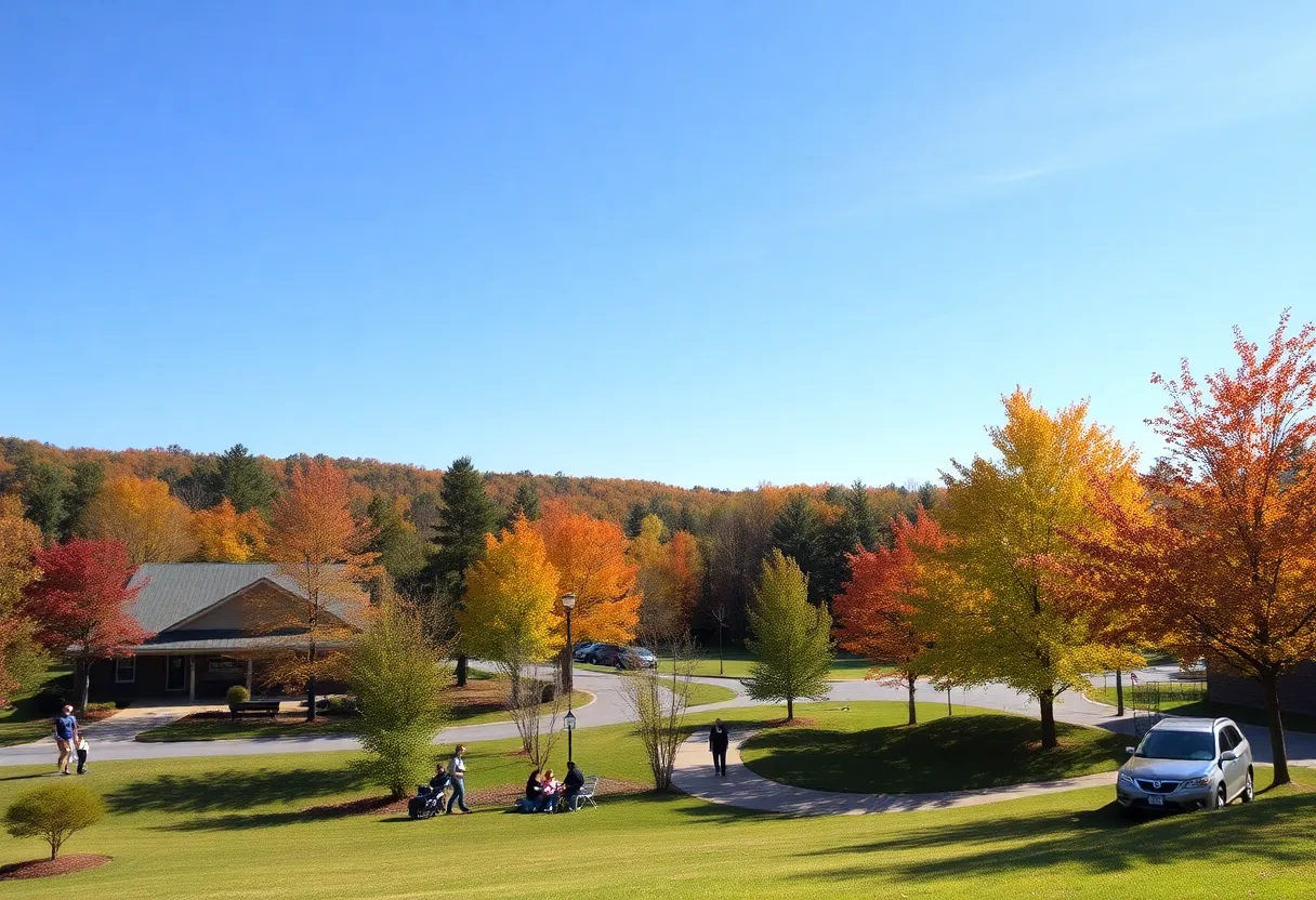 A sunny autumn day in Chapin, SC with colorful leaves and people outside.