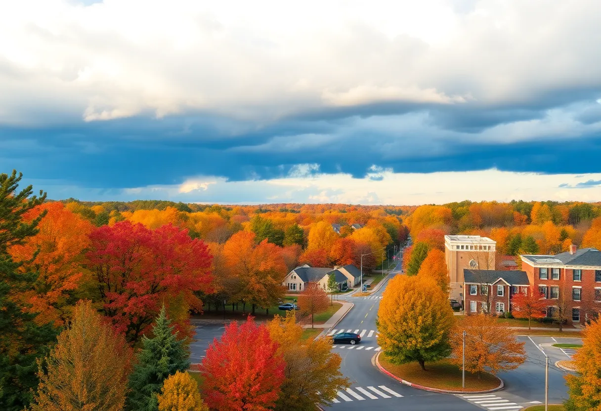A picturesque autumn scene in Chapin, SC with warm weather and cloudy skies.
