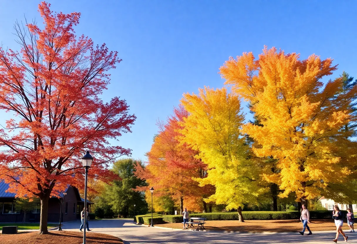 Beautiful fall day in Chapin, South Carolina with vibrant foliage and clear skies.