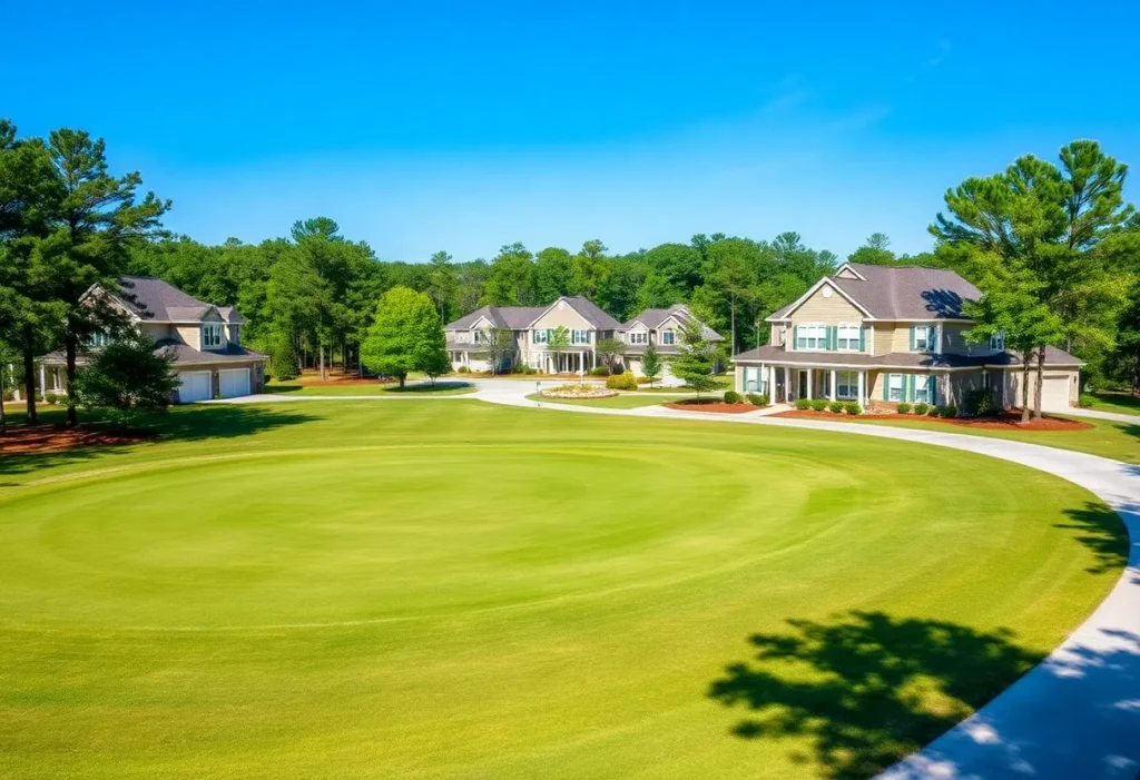 Beautiful golf neighborhood in Chapin SC with clear skies and lush landscaping.