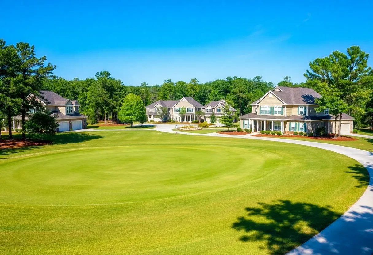 Beautiful golf neighborhood in Chapin SC with clear skies and lush landscaping.