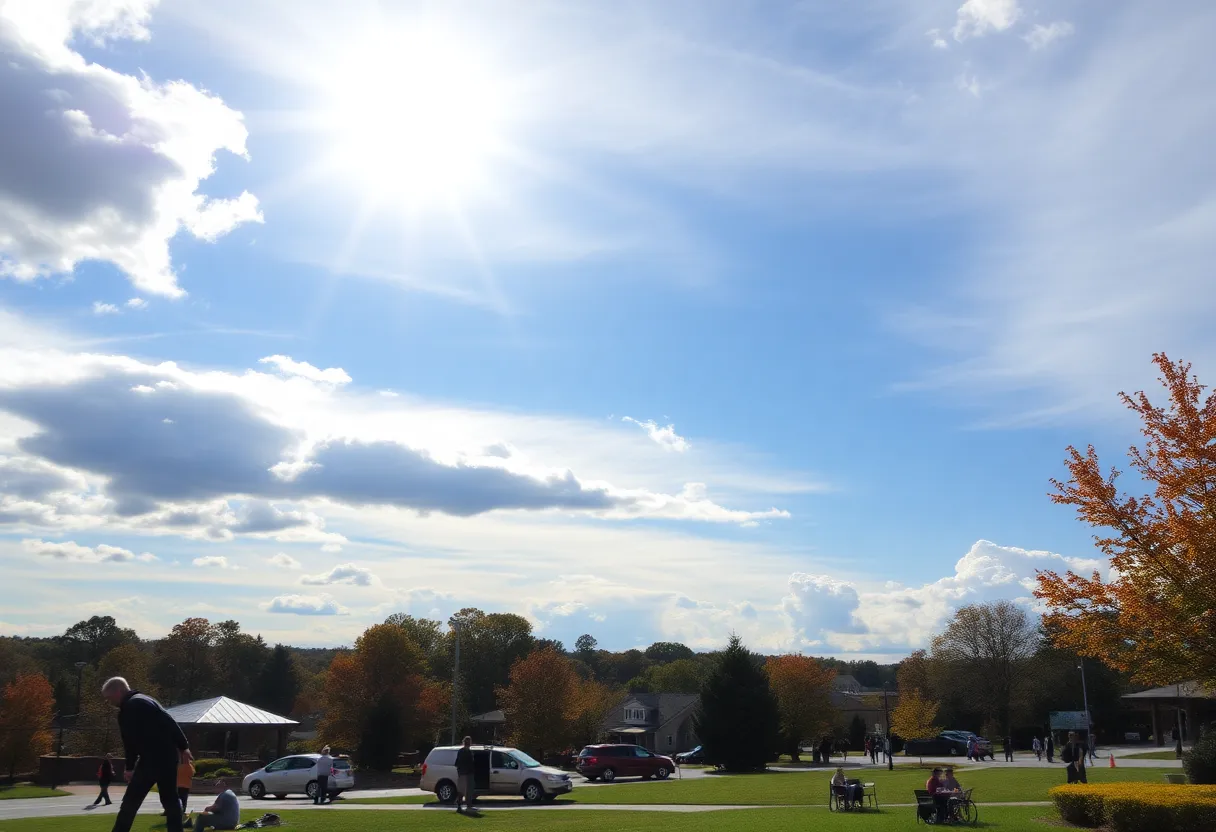 People enjoying warm October weather in Chapin SC with sunshine and clouds.