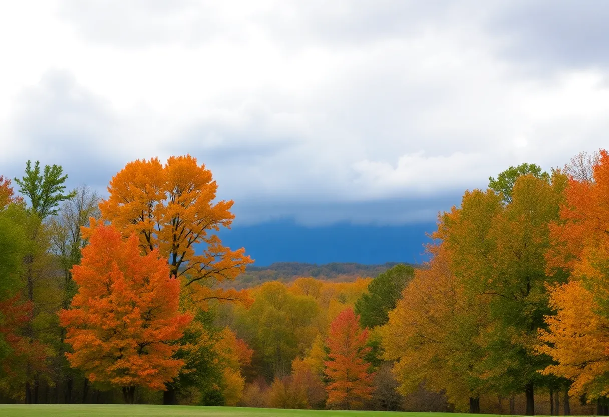 A warm October day in Chapin SC with colorful trees and darkening clouds.