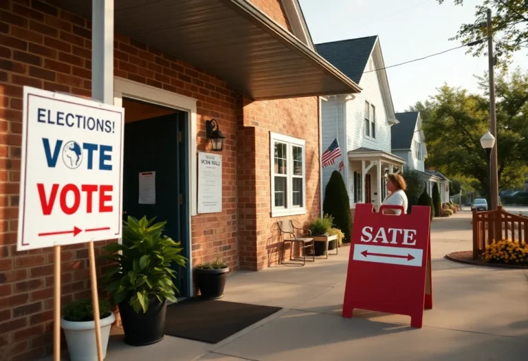 Town hall building in Chapin with election signs