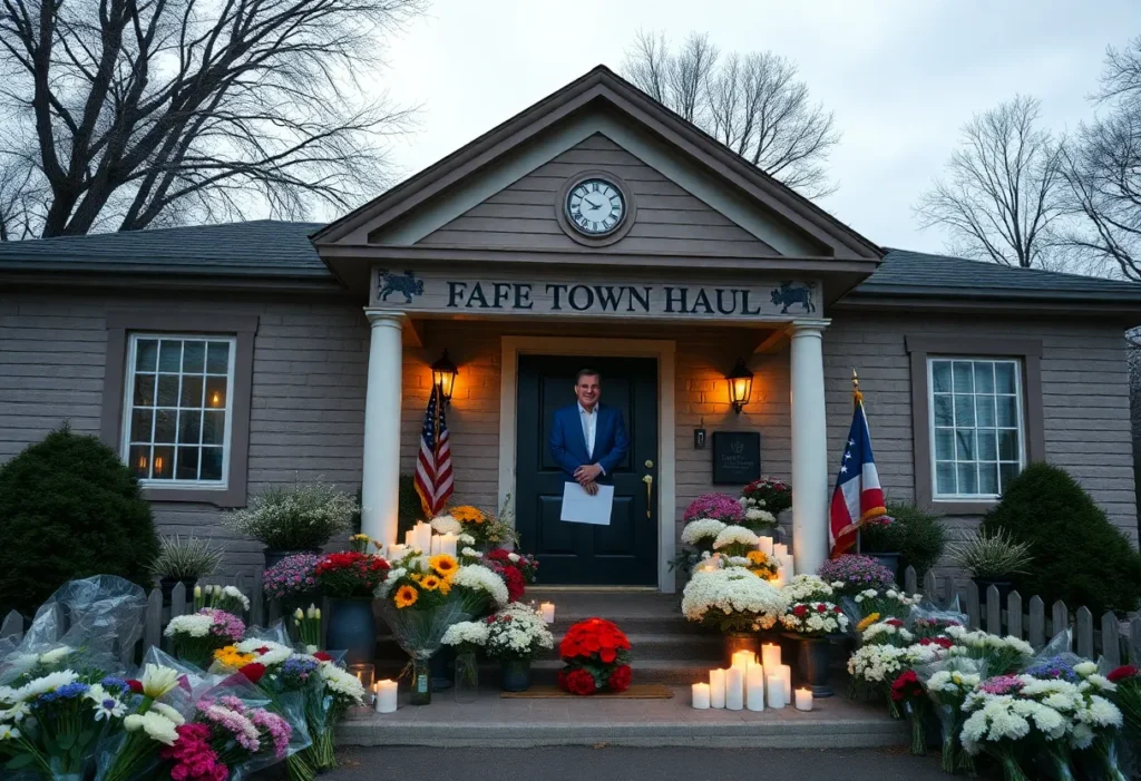 Chapin Town Hall adorned with memorial flowers