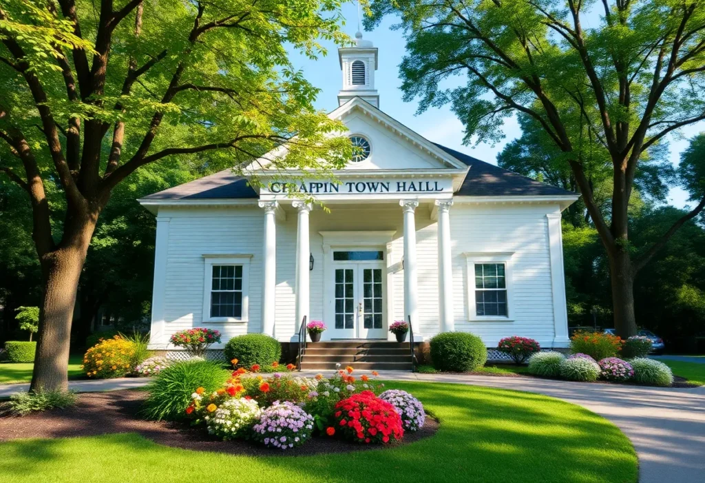 Chapin Town Hall surrounded by nature, symbolizing community mourning.