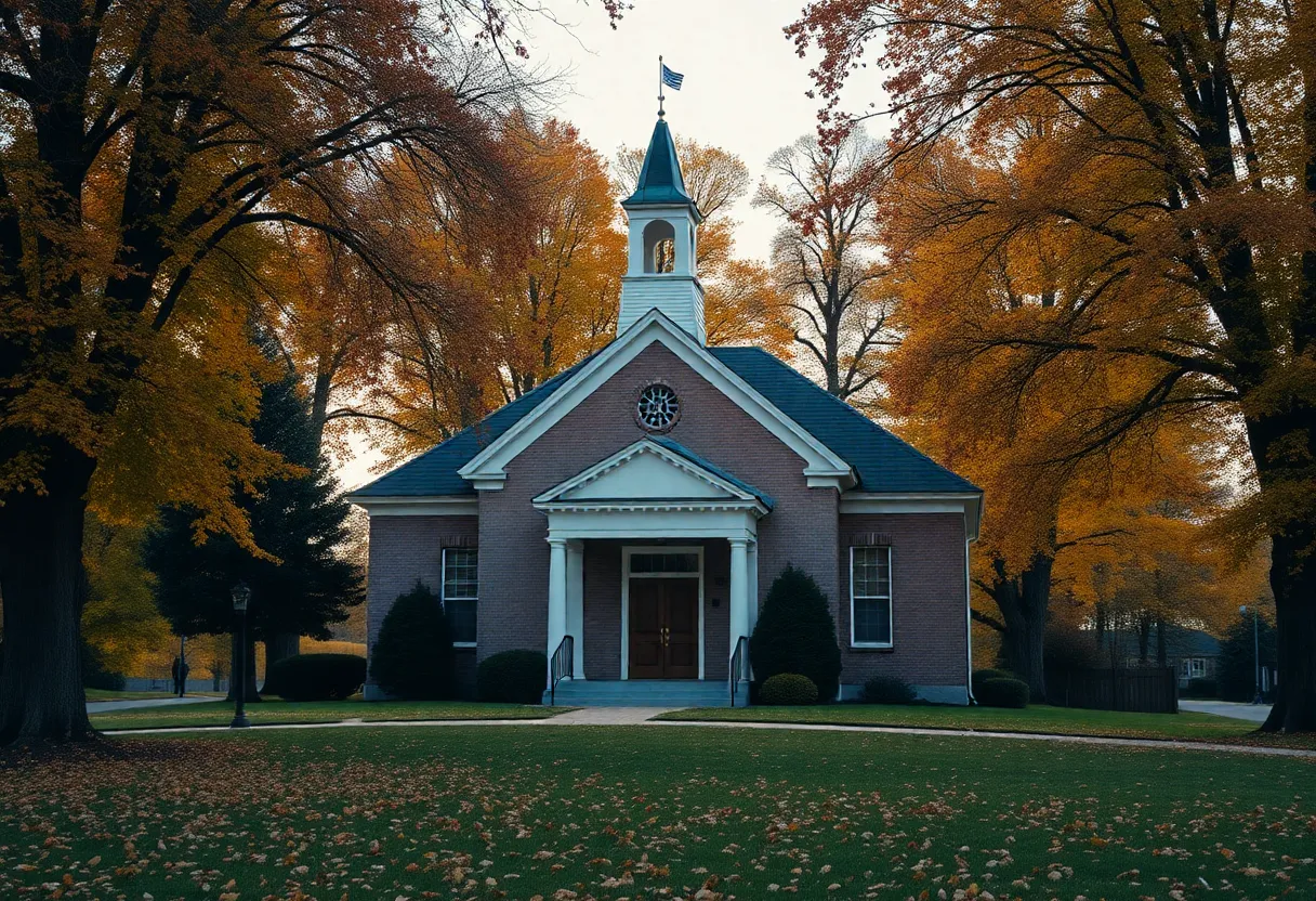 Chapin Town Hall surrounded by autumn foliage