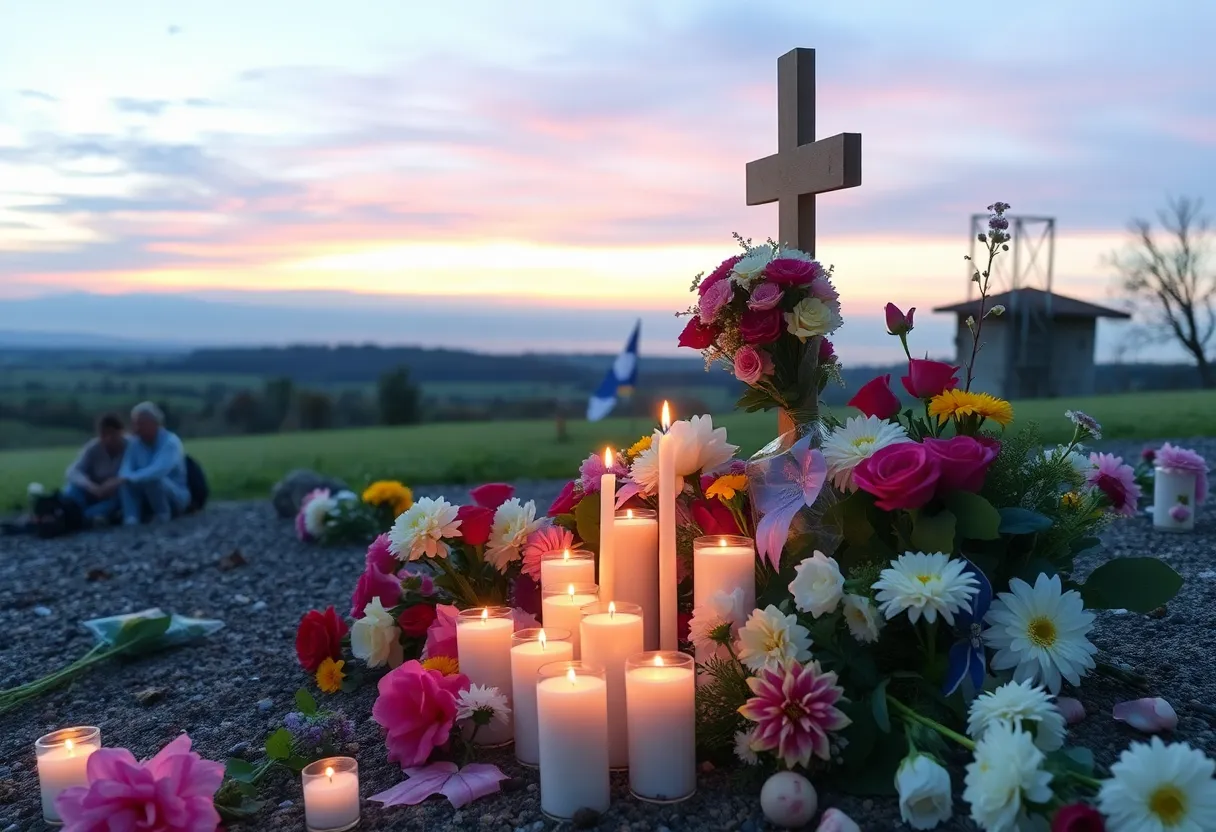 Remembrance scene with flowers and candles