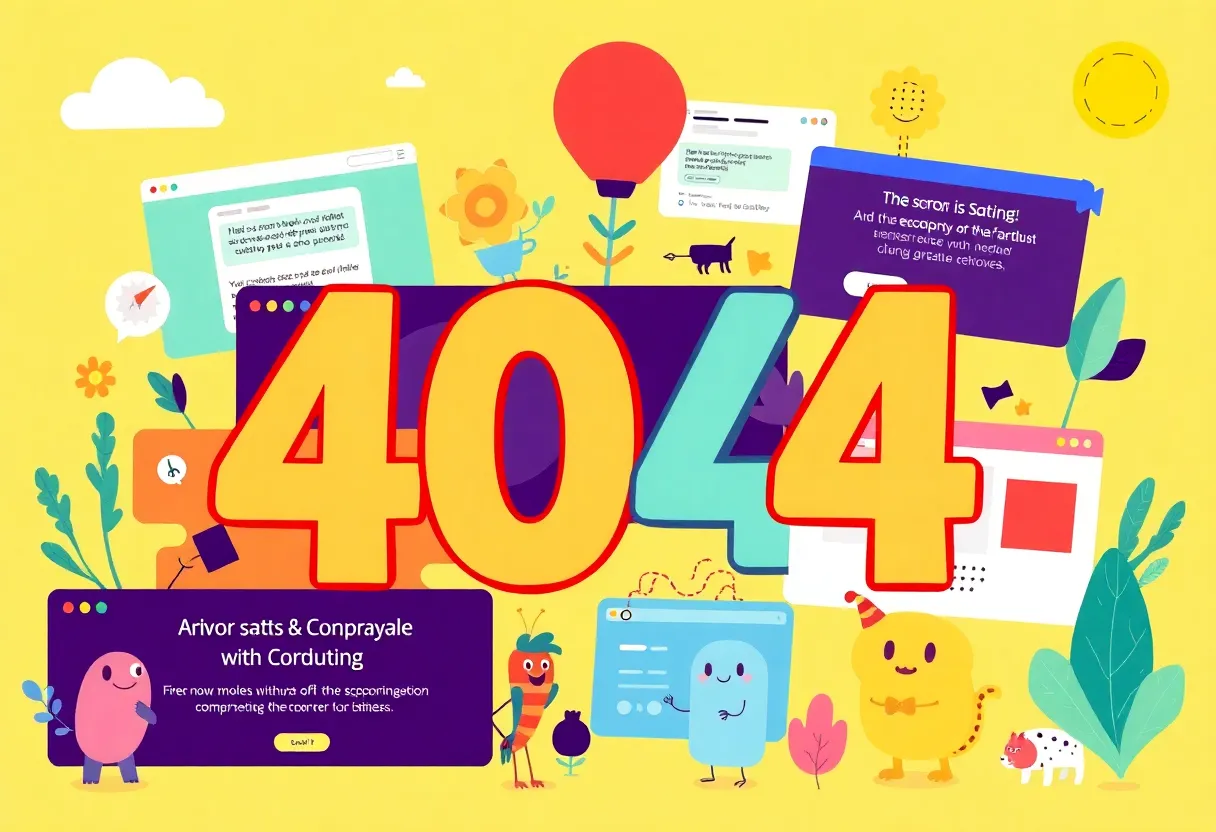 An artistic representation of vibrant and engaging 404 error pages from various companies, highlighting user interaction.