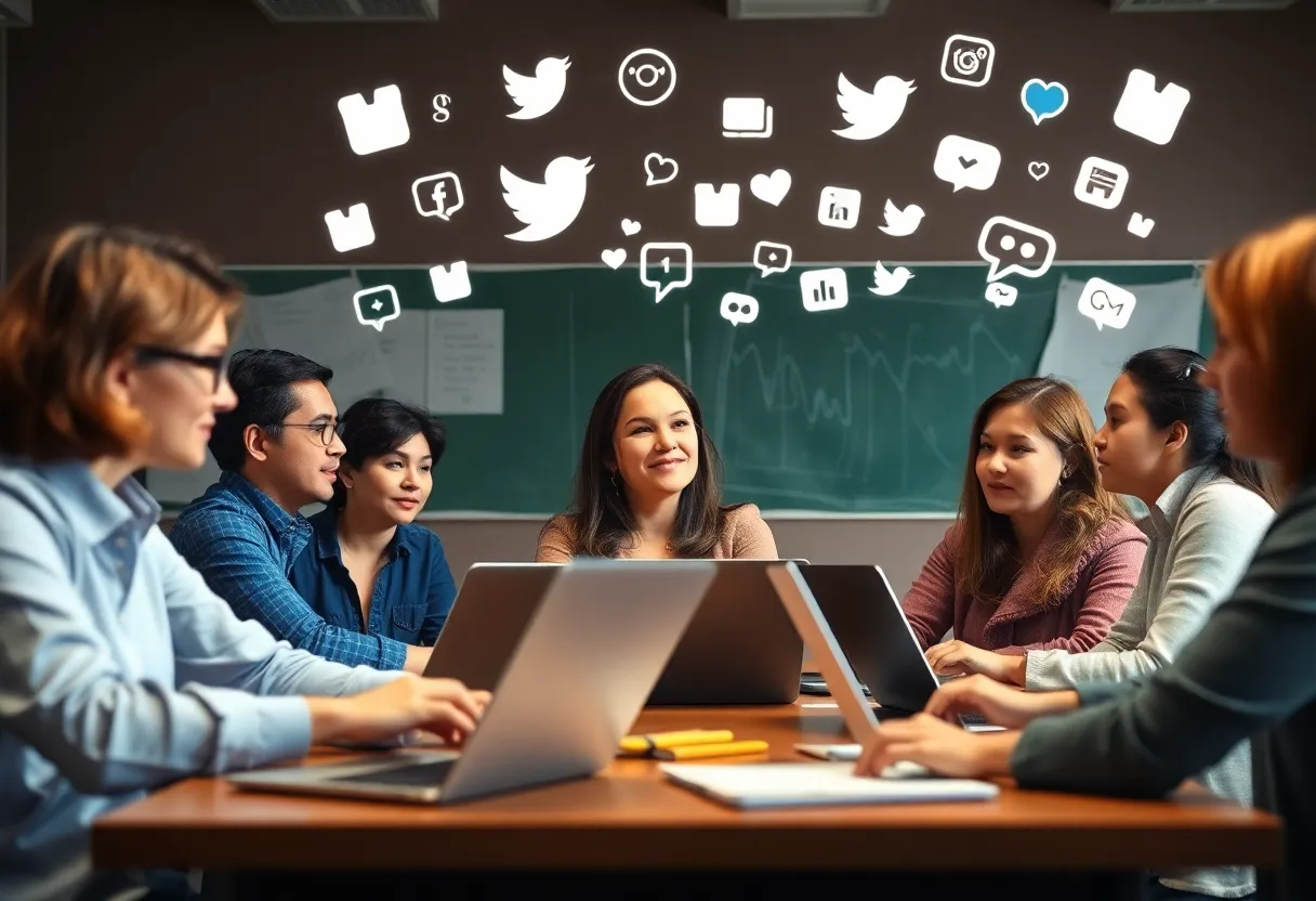 Teachers discussing social media implications in a classroom