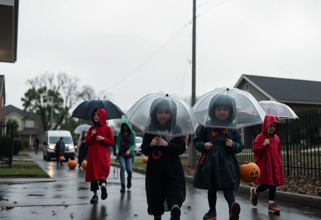 Children in costumes trick-or-treating under gray skies with umbrellas in Chapin, SC