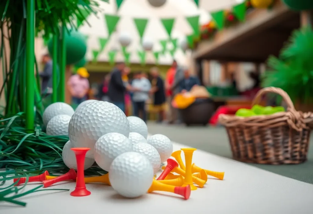 Decorations and setup of a golf-themed gathering in a neighborhood.