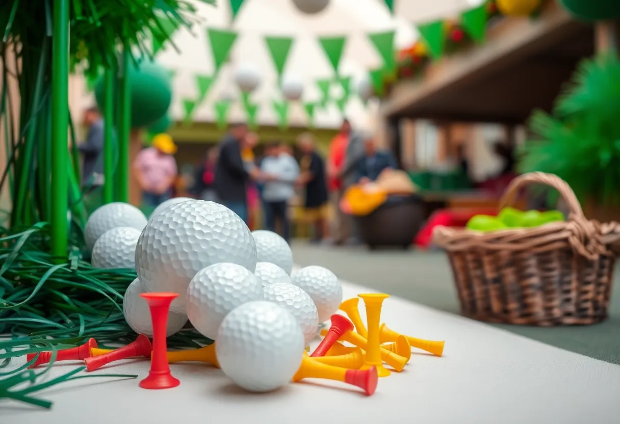 Decorations and setup of a golf-themed gathering in a neighborhood.