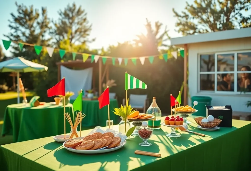 Outdoor golf-themed gathering with decorations and snacks