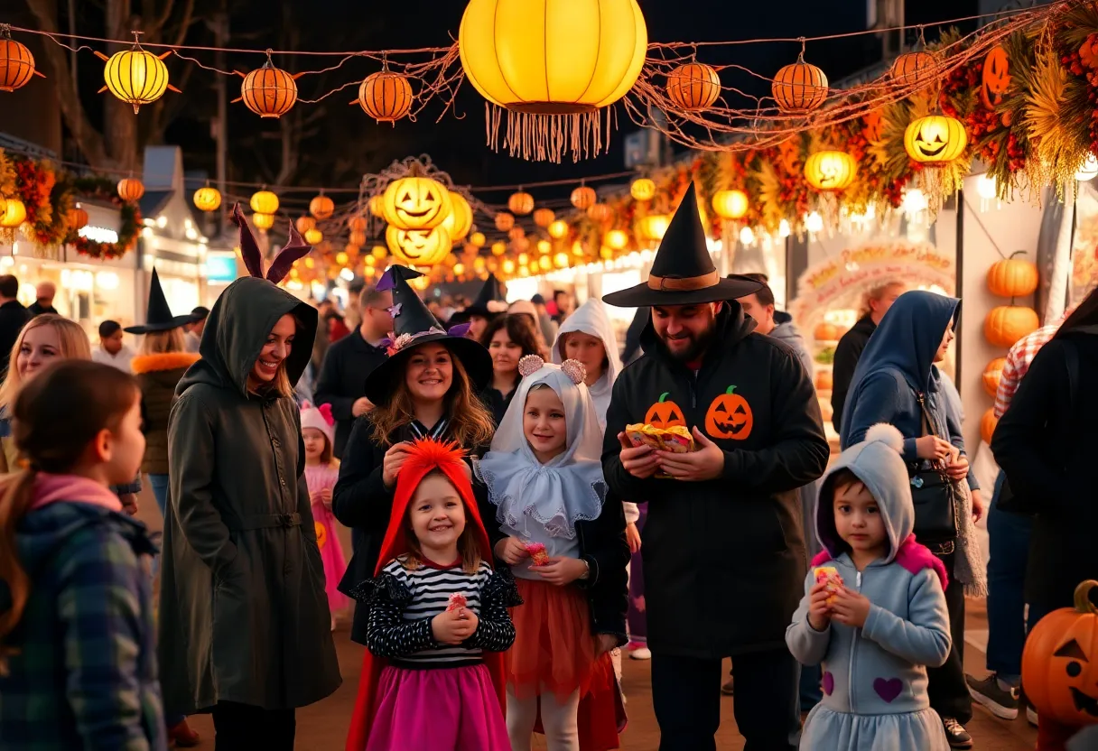 Families enjoying Halloween festivities with costumes and decorations