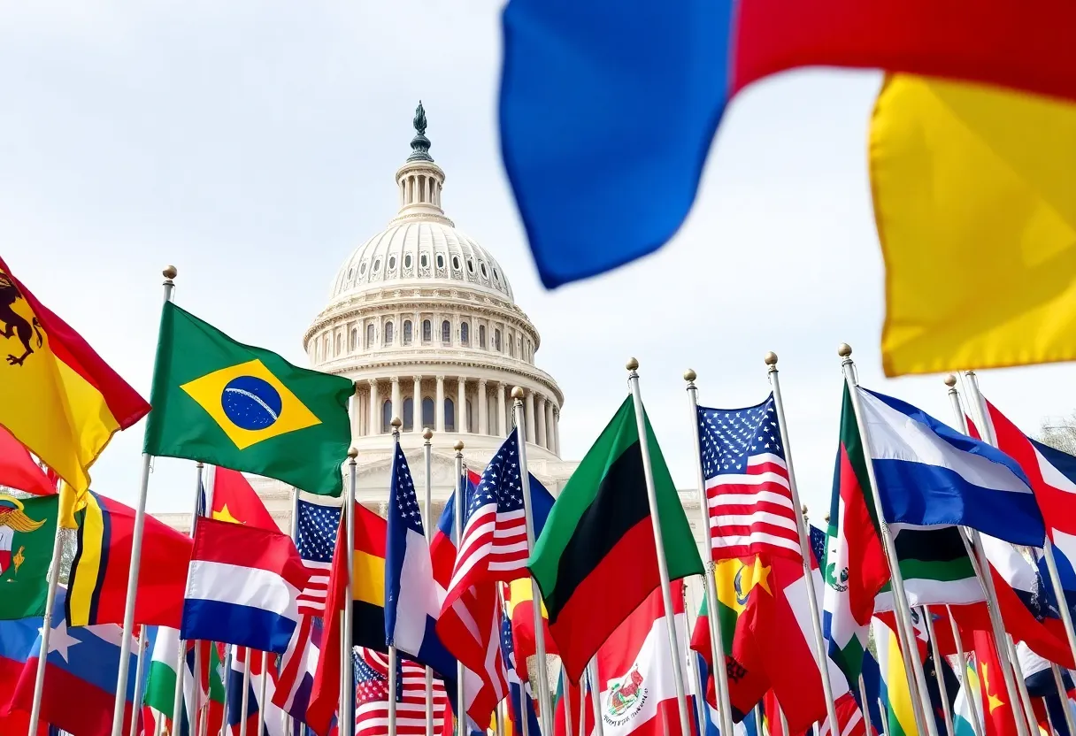 Flags of different countries with the U.S. Capitol in the background, symbolizing immigration and free speech debates.