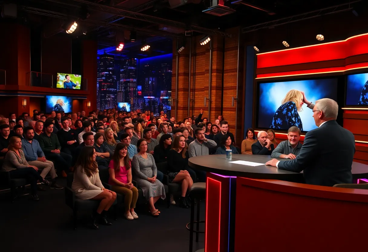 Late night talk show set with host and audience