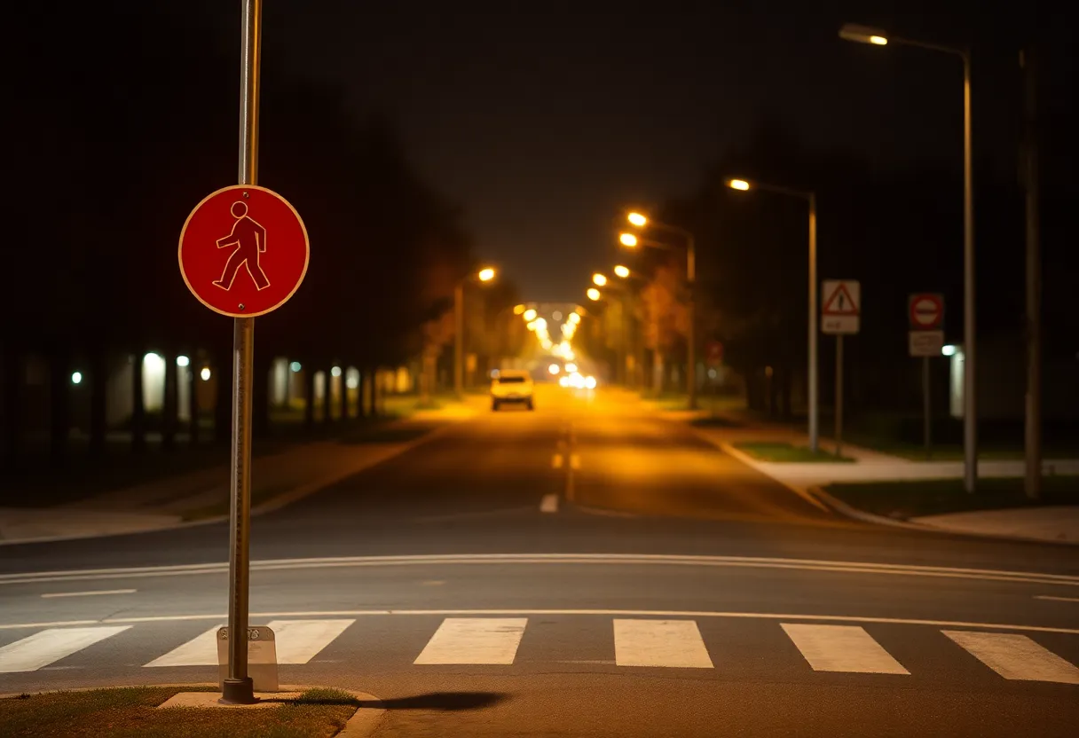 Quiet road at night with pedestrian crossing sign