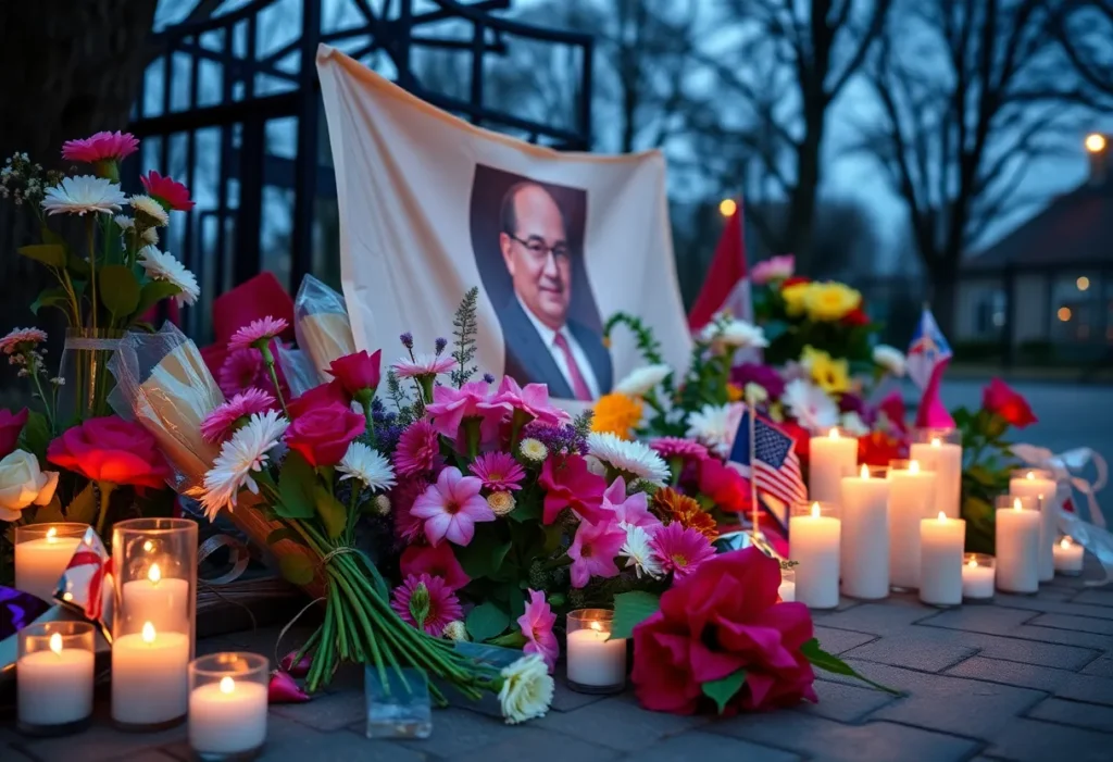 Community memorial for Mayor Al Koon with flowers and candles