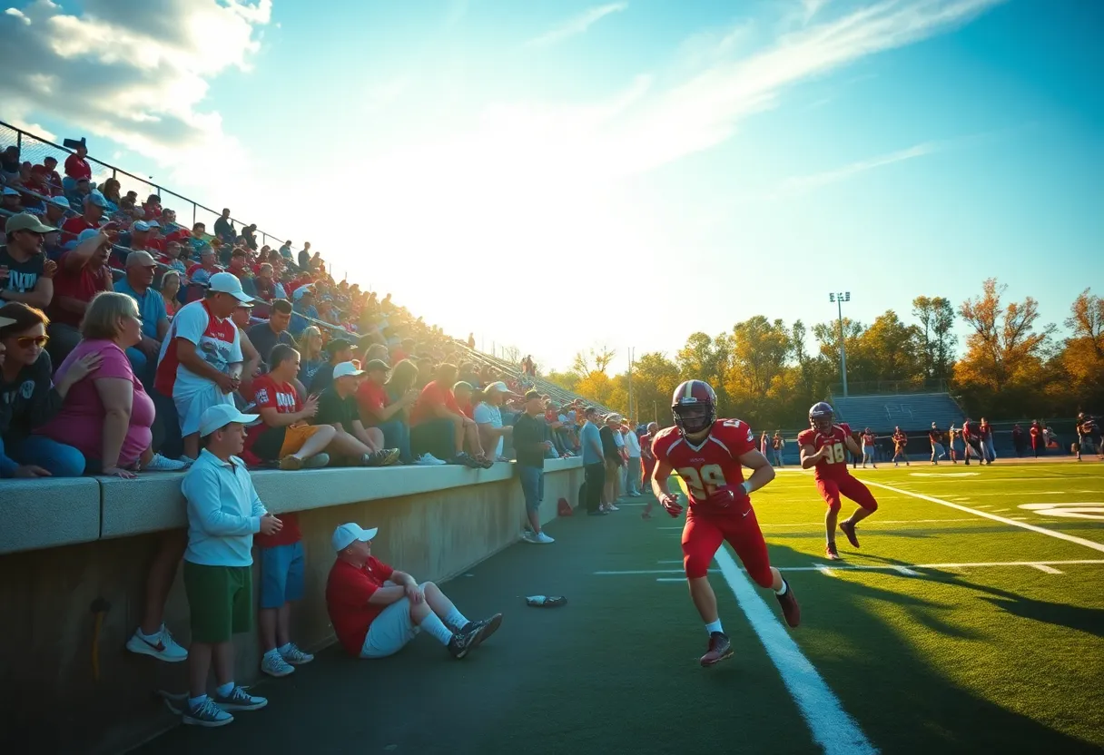 High school football game in the Mid-Atlantic region with players in action