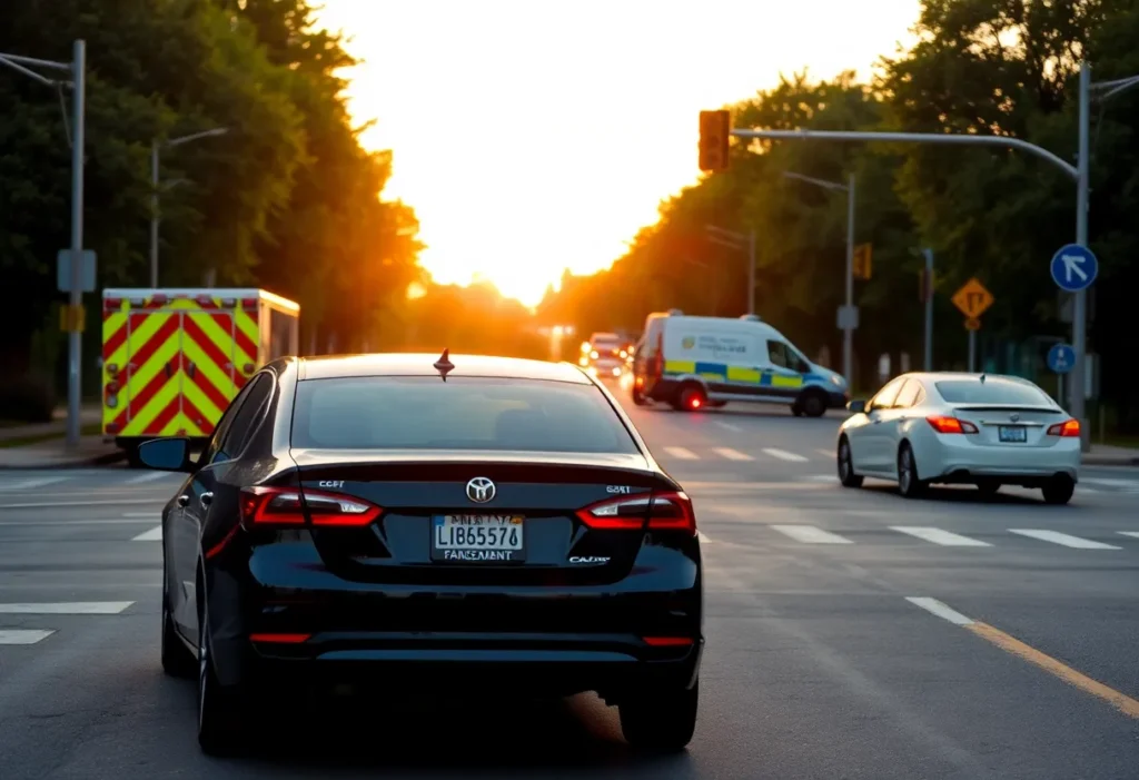 Scene of a car accident at an intersection with emergency vehicles present
