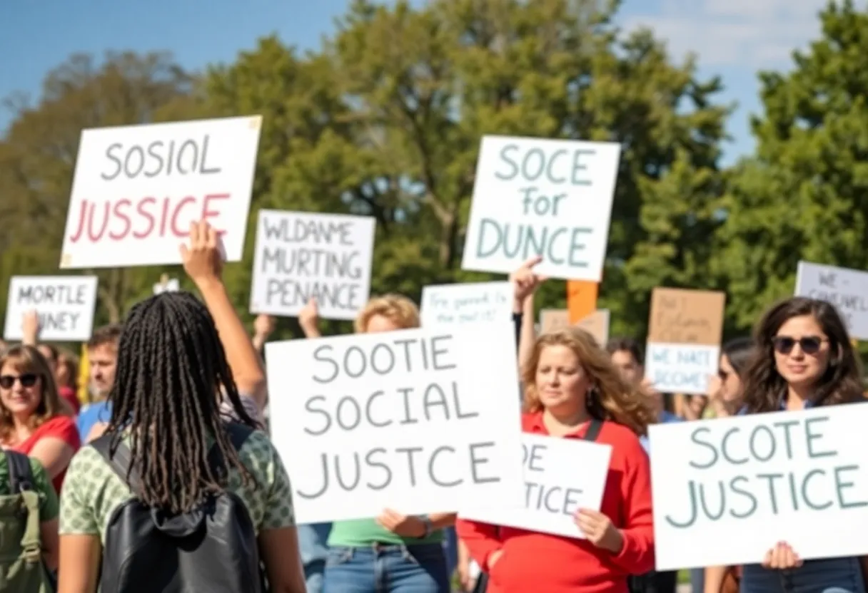 Participants of the No Kings Day of Peaceful Action holding signs at a peaceful protest.