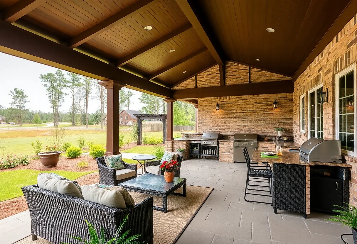 A picturesque outdoor living area in a Chapin SC golf community with patio, outdoor kitchen, and greenery.