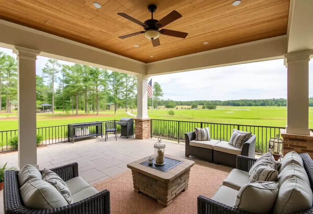 A stunning outdoor living area in Chapin SC featuring a patio and deck surrounded by nature.