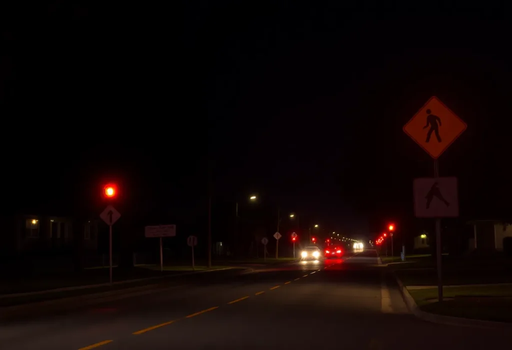 Night view of a residential road with pedestrian warning signage