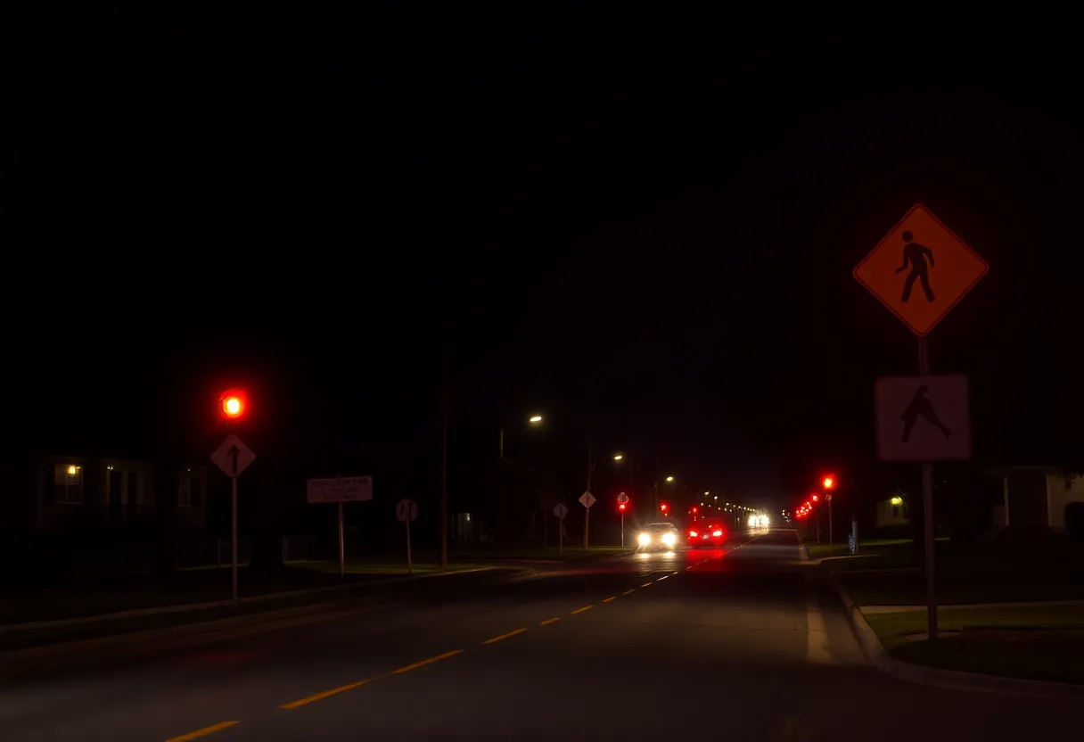 Night view of a residential road with pedestrian warning signage