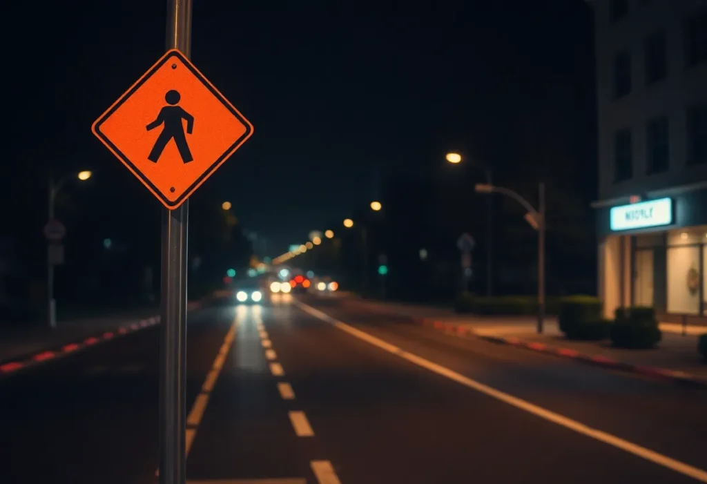 Quiet street with pedestrian crossing sign at night