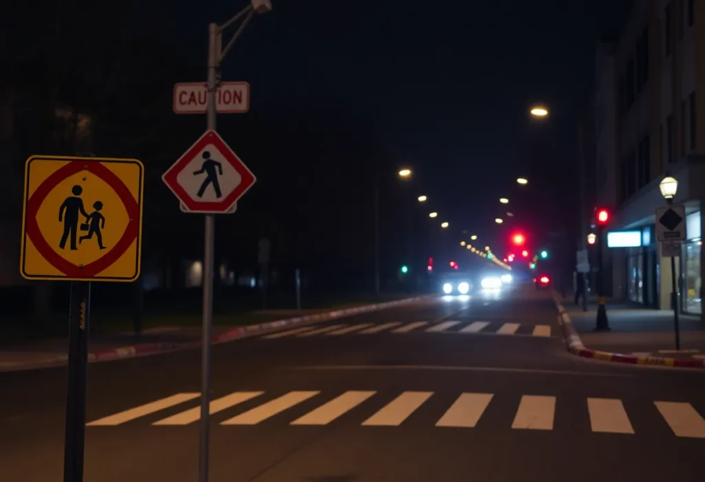 Night view of a street with pedestrian safety signs