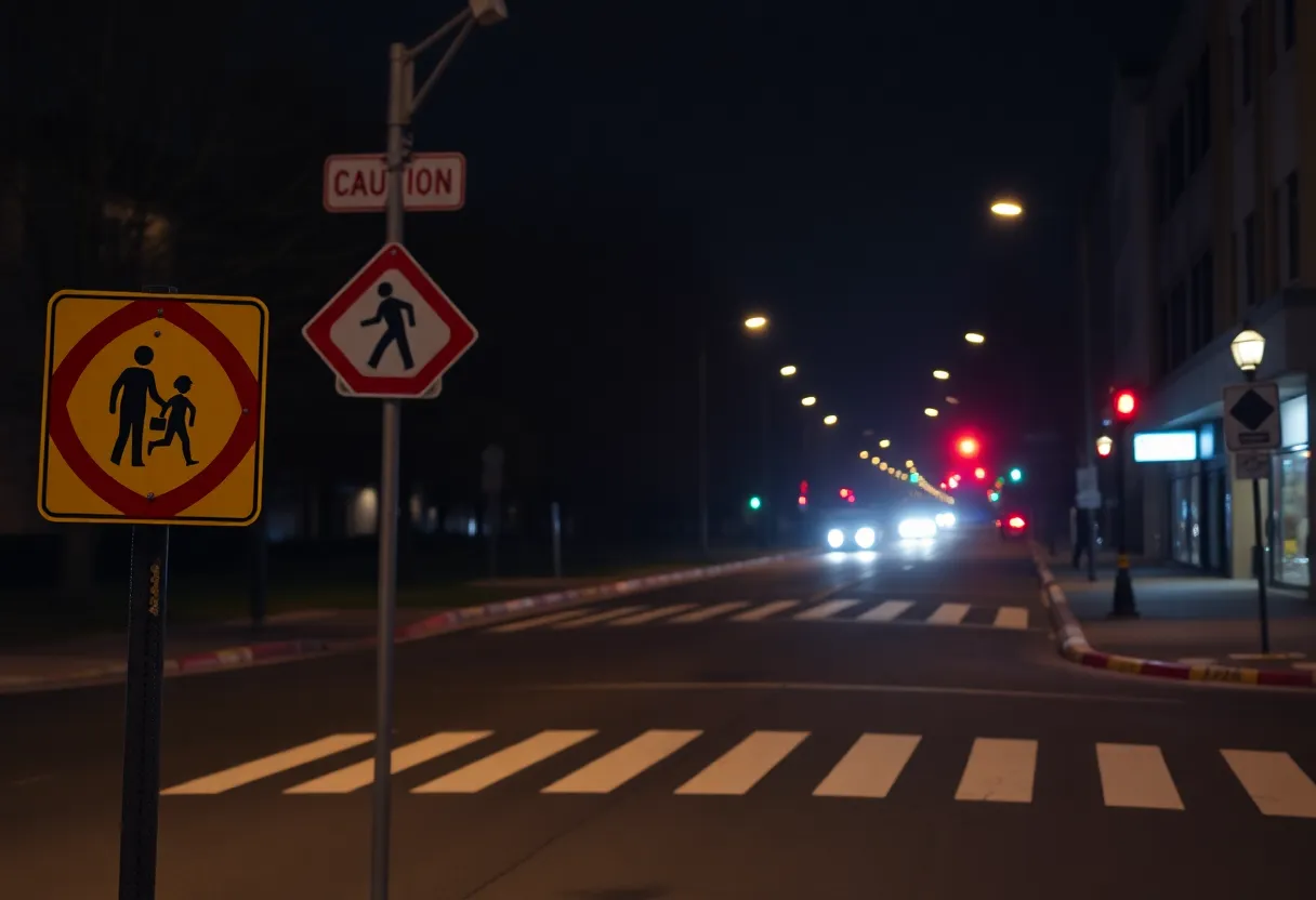 Night view of a street with pedestrian safety signs