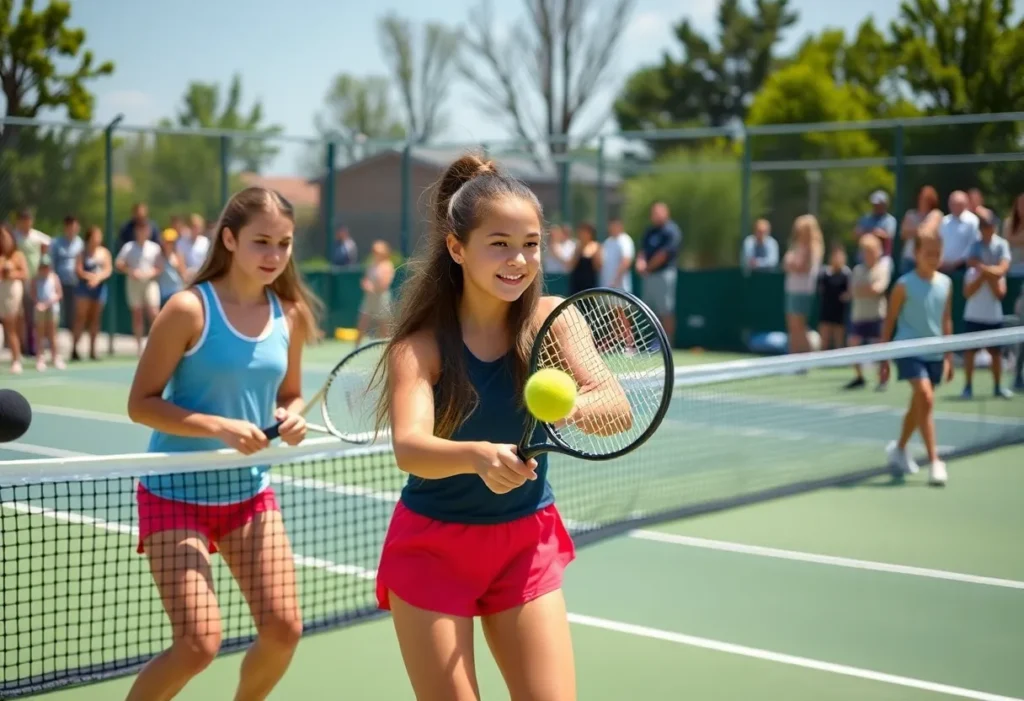 High school girls tennis match taking place during the S.C. High School League playoffs.