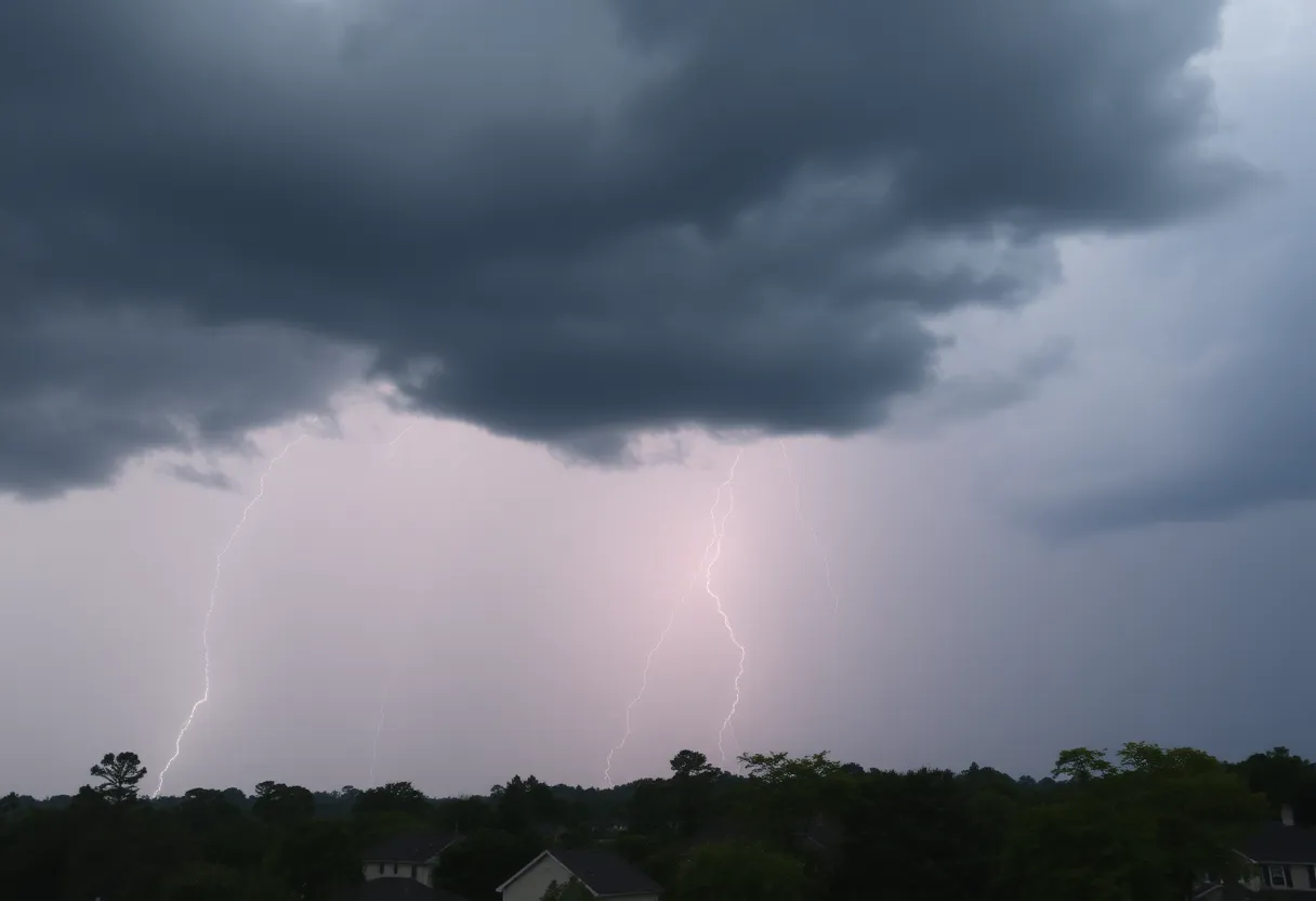 Dark storm clouds over Chapin, SC with rain and lightning.