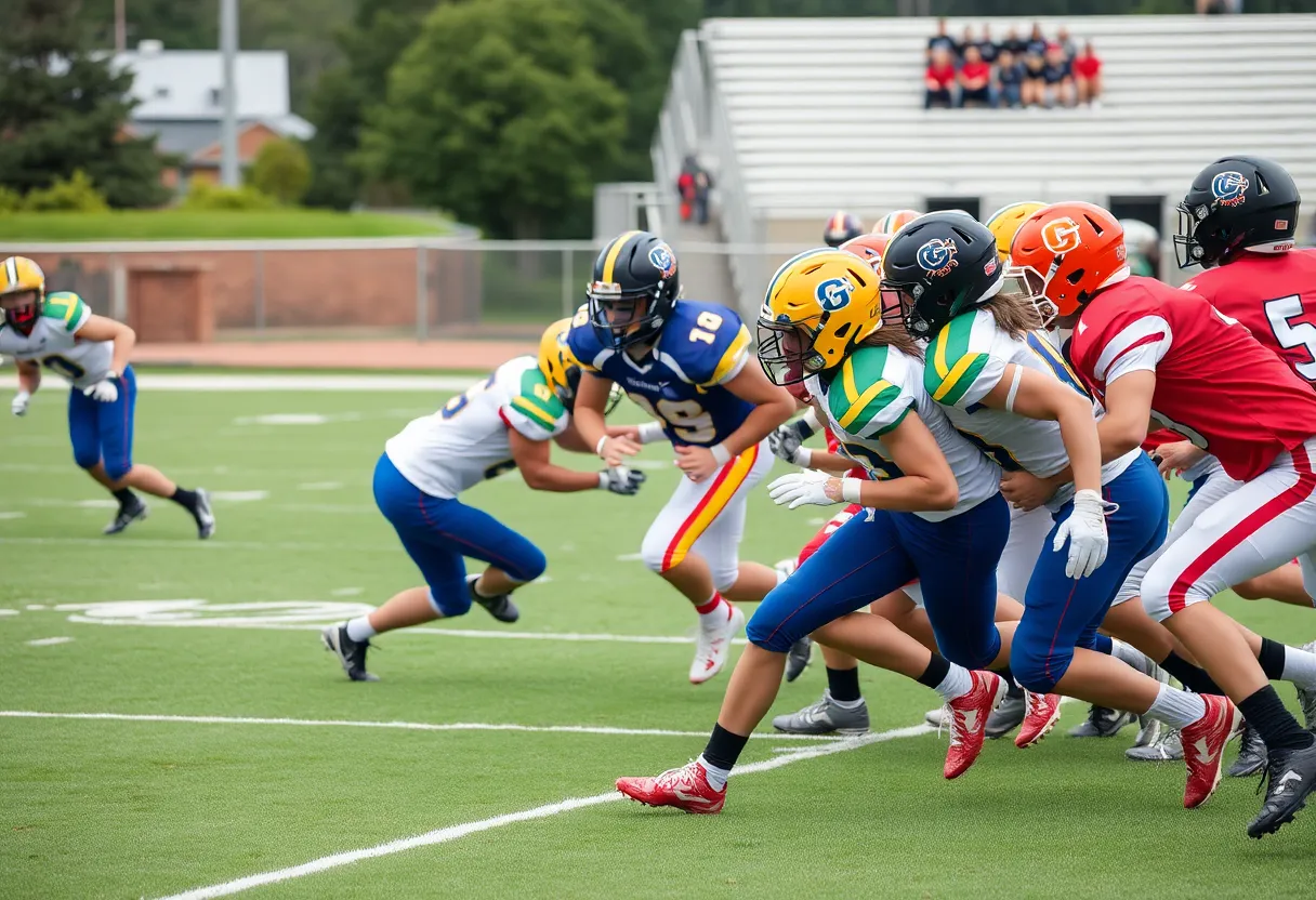 Players from two high school football teams competing on the field in South Carolina.