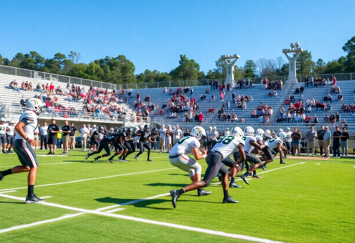 High school football players on the field during a game in South Carolina.