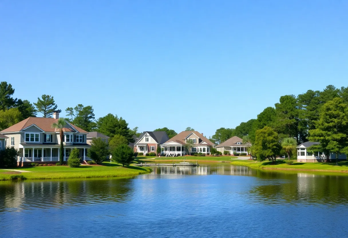 A scenic view of a South Carolina lake community featuring beautiful homes and nature.