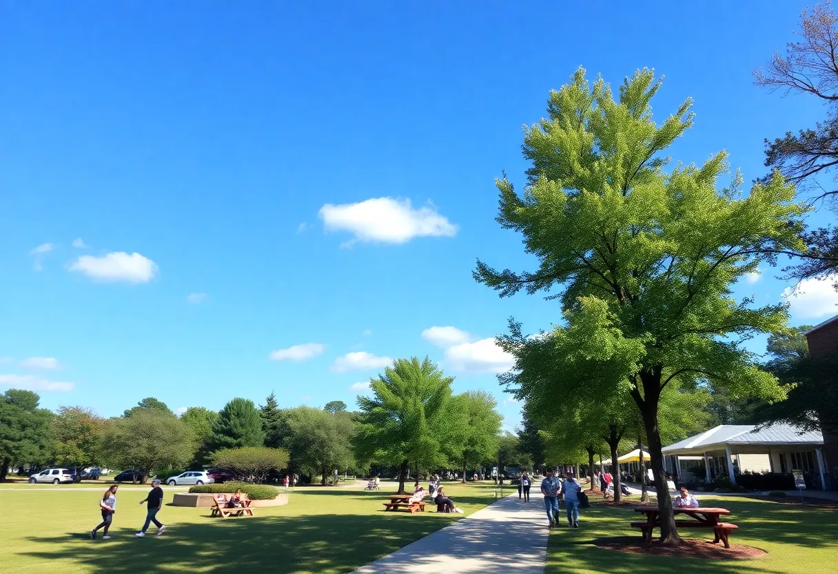 A sunny day in Chapin, South Carolina with clear skies and people enjoying outdoor activities.