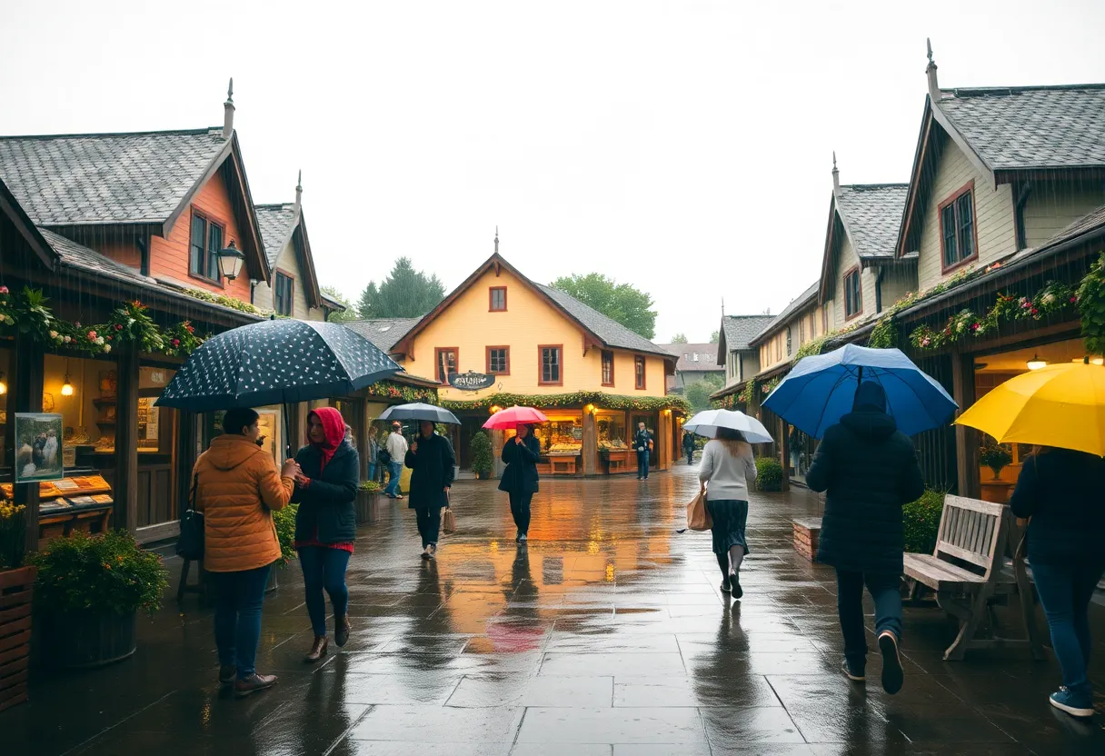 View of a rainy day in Chapin with overcast skies and umbrellas.