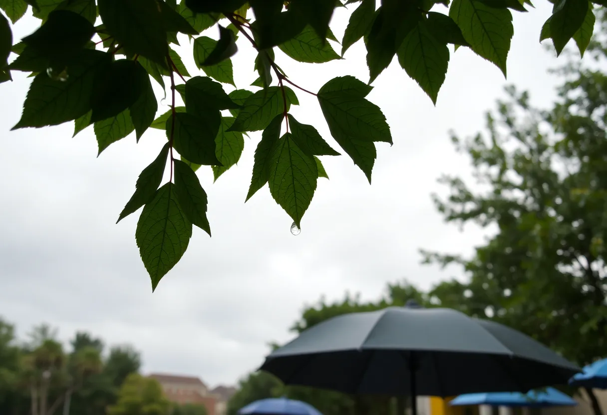 Overcast sky and light rain in Chapin, SC with people using umbrellas