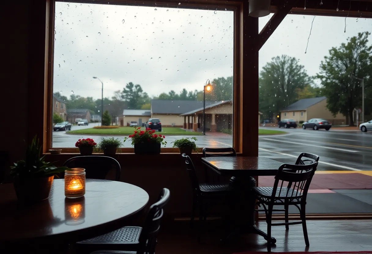 A cozy rainy day scene in Chapin, SC with overcast skies and light rain