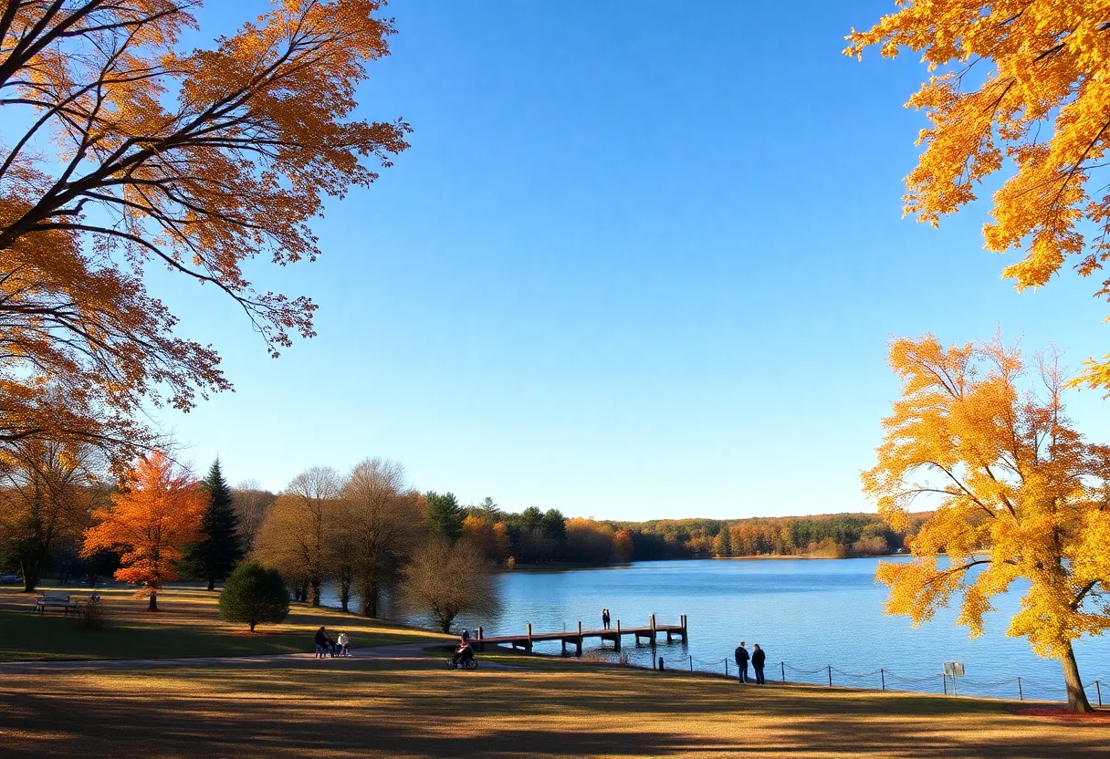 People enjoying a warm November day at Chapin lake