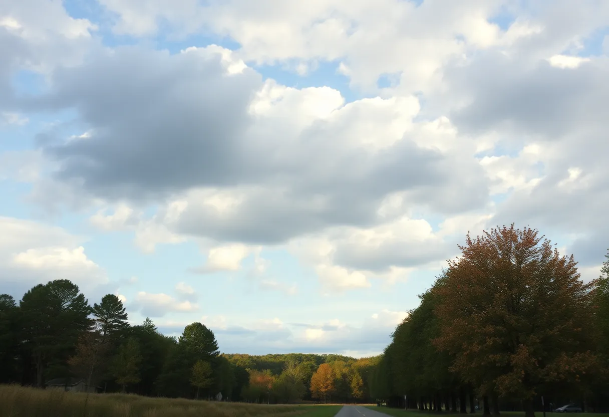 A tranquil view of Chapin SC on a warm autumn day with clouds.