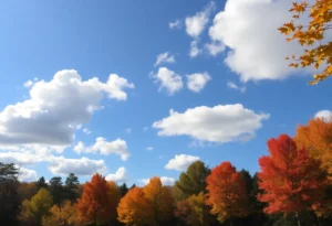 Vibrant autumn landscape in Chapin, South Carolina with clear skies and fall colors.