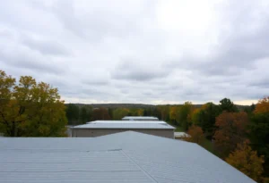 Cloudy skies over Chapin, SC, with light rain