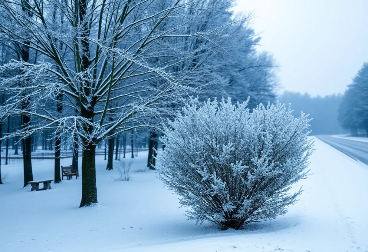 Snowy landscape during a cold front in Chapin, SC